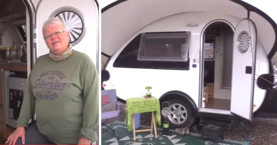 Retired woman gives tour of tiny teardrop trailer and shows how she makes it work