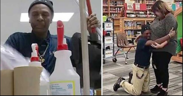 The janitor who has walked kilometres to go to work falls to his knees in gratitude after learning that his coworkers had raised $7,000