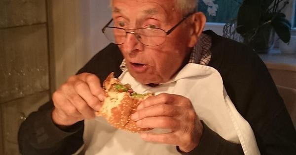 Old man orders a single hamburger