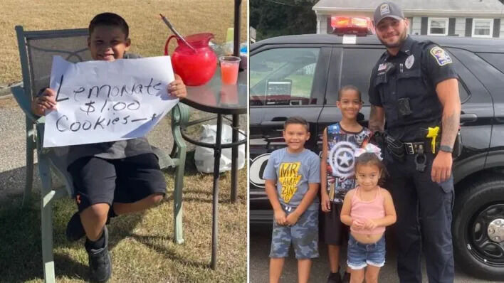 A 7-year-old boy peddling lemonade is surprised by a police officer.