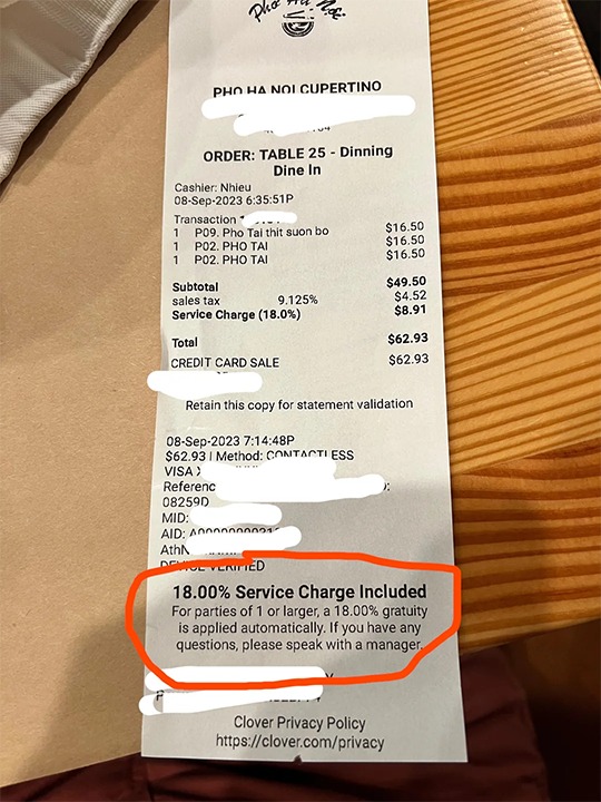 Restaurant requires 18% service charge for ‘parties of 1 or larger,’ prompting outrage The post prompted nearly 5,000 comments as many users were infuriated by the fee