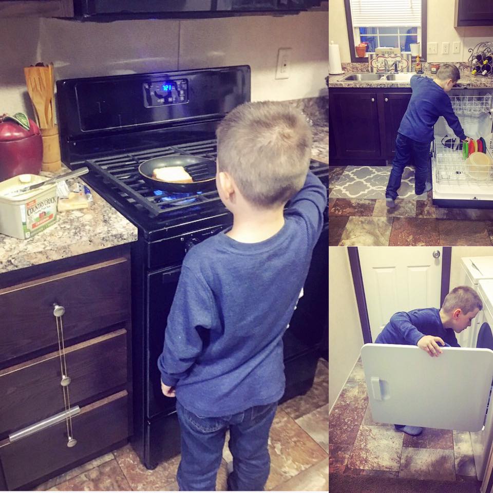 Mom has been chastised for uploading images of her son doing household tasks, such as cleaning and cooking, on the internet